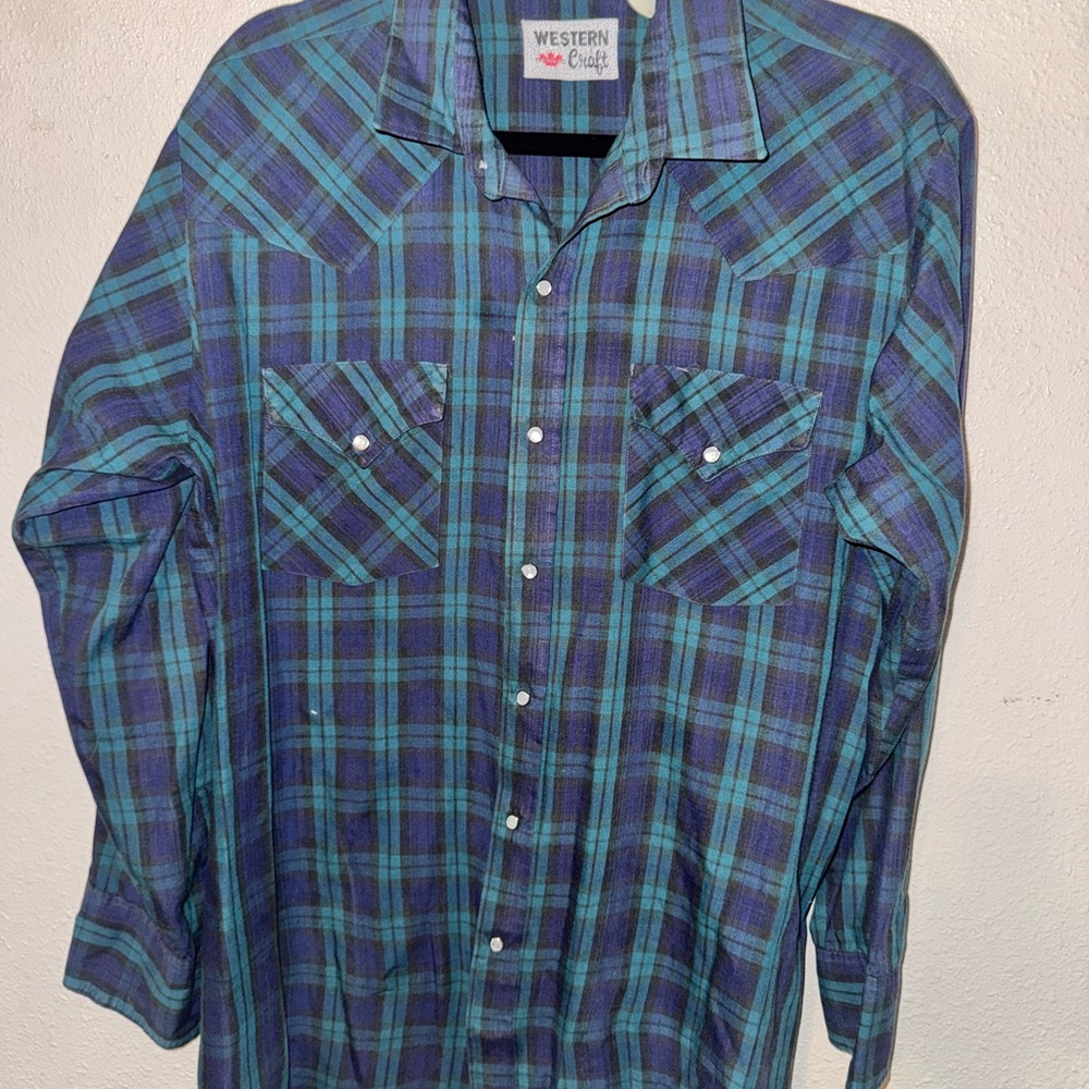 Men's Blue and Green Plaid Shirt